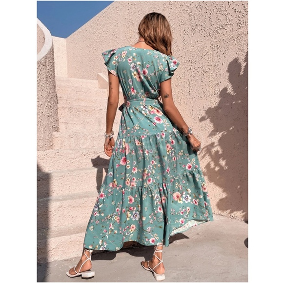 Floral Dress Surplice Overlapping V Neck Fit & Flare Maxi Long Green Tie Belt - Picture 2 of 8